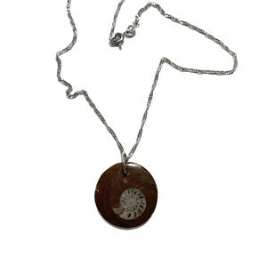 Vintage Polished Ammonite Fossil Pendant Necklace on 18K WG Plated Chain 16"